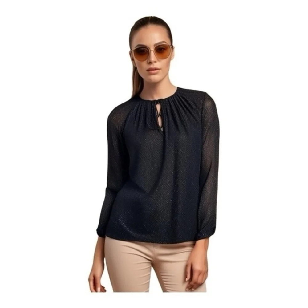 Michael Kors Black Fuzzy Sparkle Textured Blouse S/M Bow Front Long Sleeve EXC